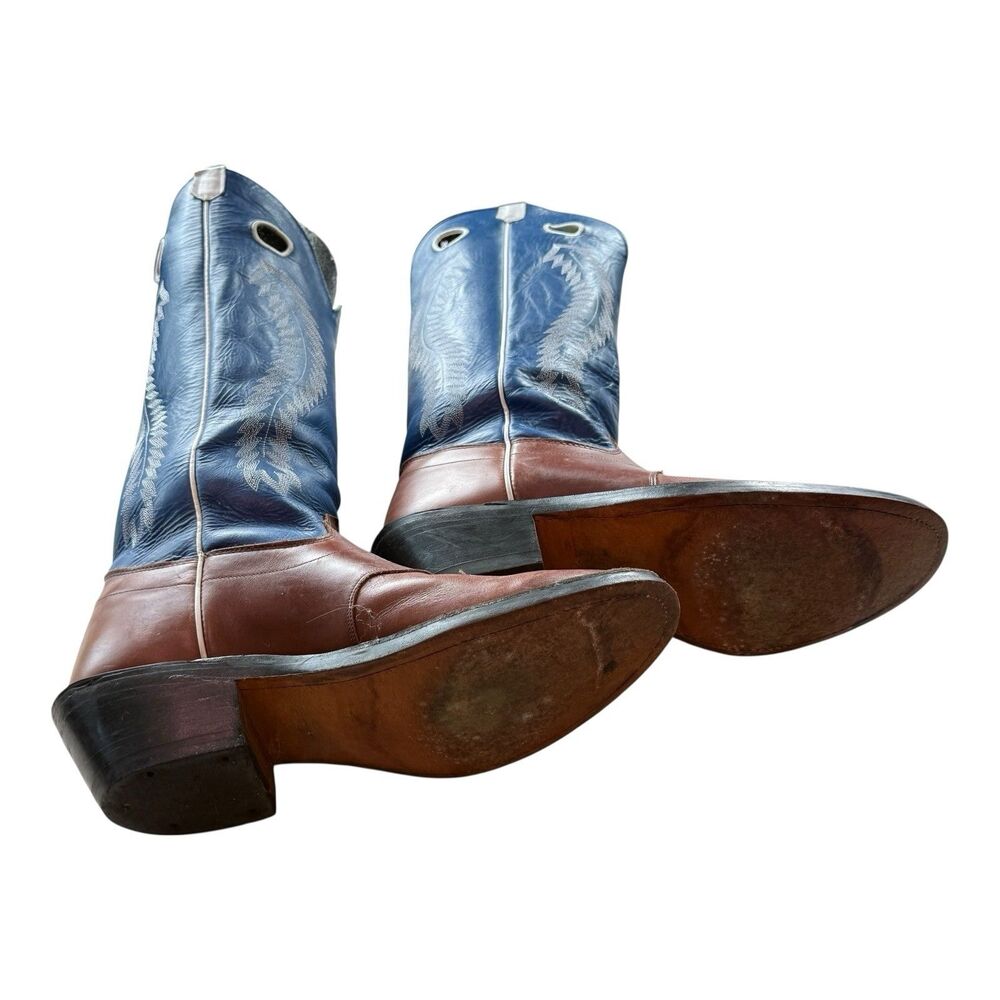 Cowboy Boots 16” Navy Volcano And Honey Leather Round Toe - Picture 4 of 6